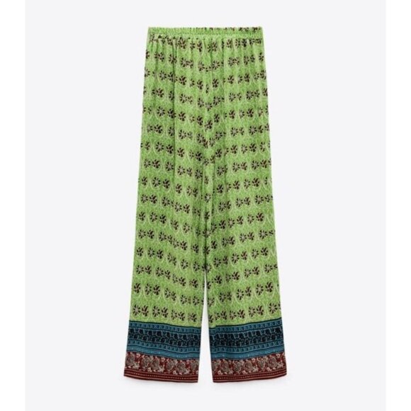 NWOT Zara green & multicolour abstract floral print high waist wide leg pants, S - Picture 7 of 14